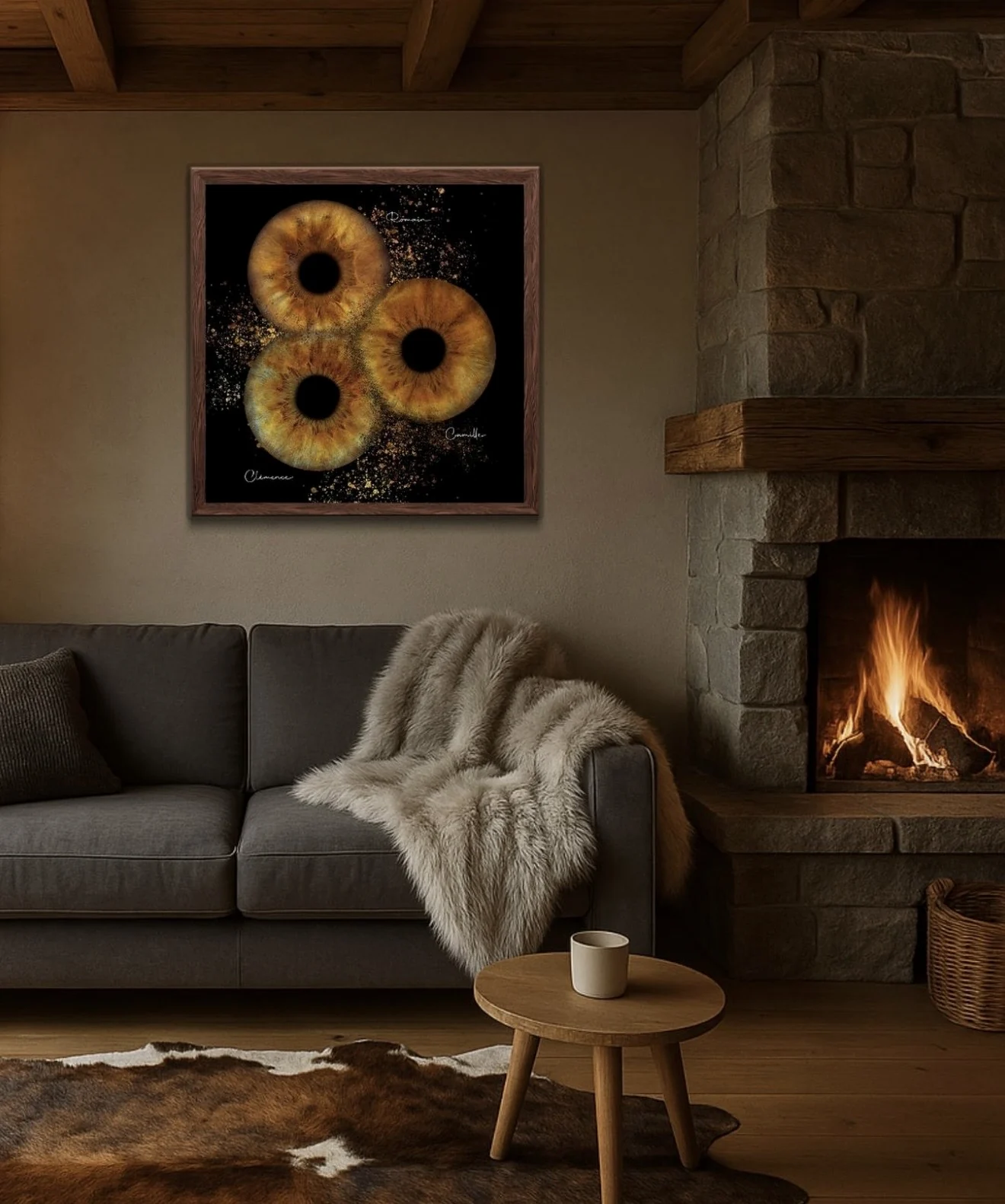 Framed family iris artwork displayed in a living room